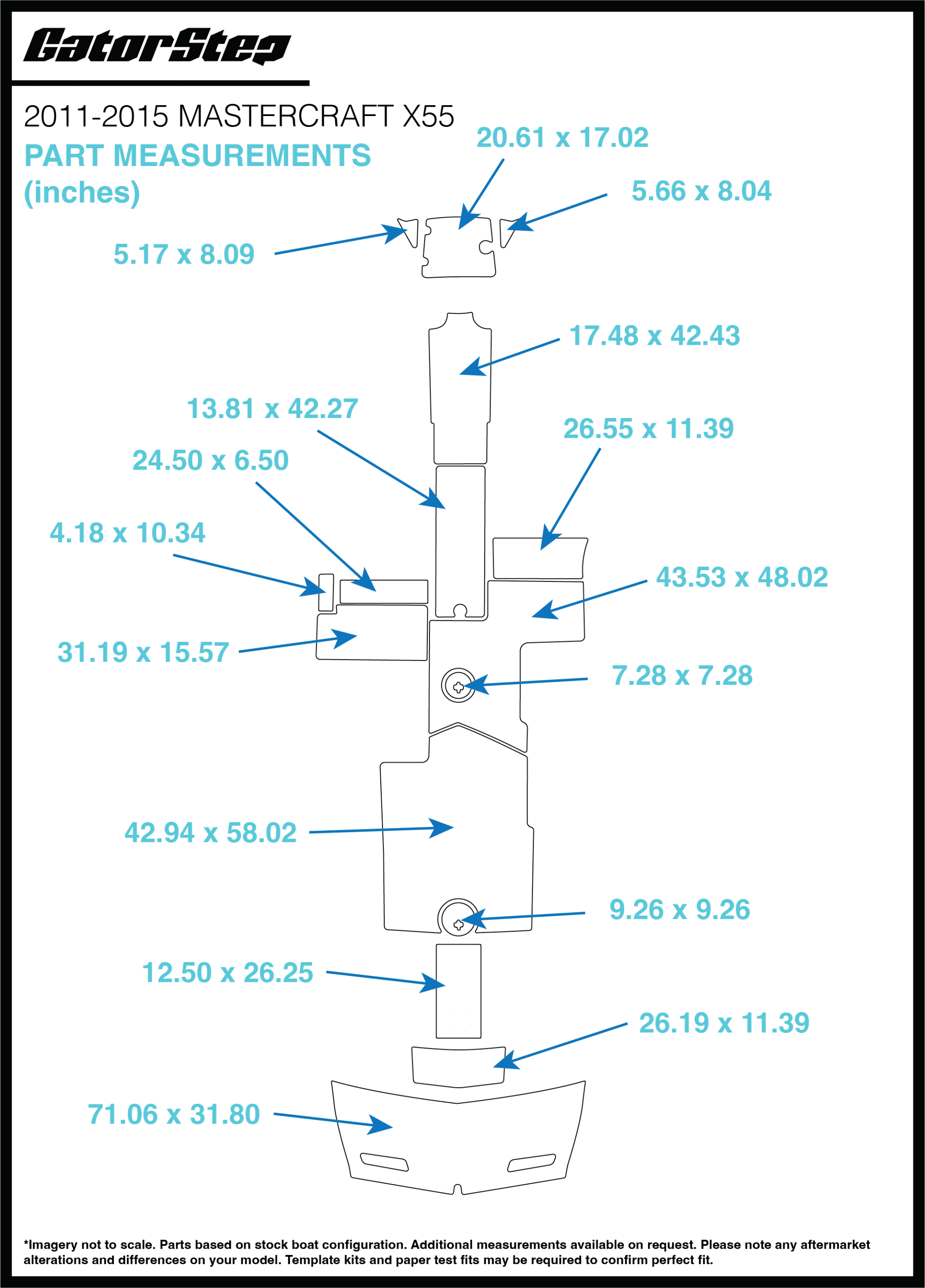 2011-2015 MasterCraft X55 GatorStep Flooring Dimensions