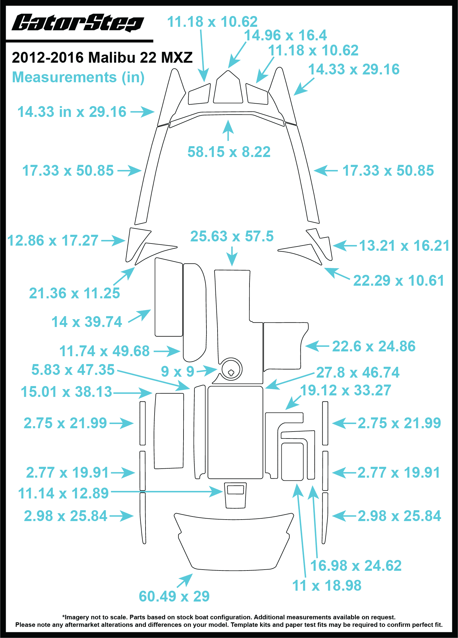 2012-2016 Malibu 22 MZX GatorStep Flooring Dimensions