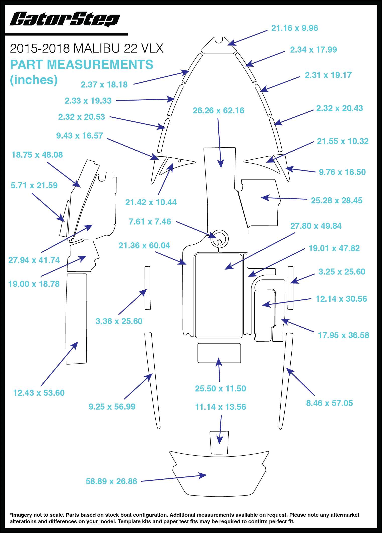 2015-2018 Malibu 22 VLX GatorStep Flooring Dimensions