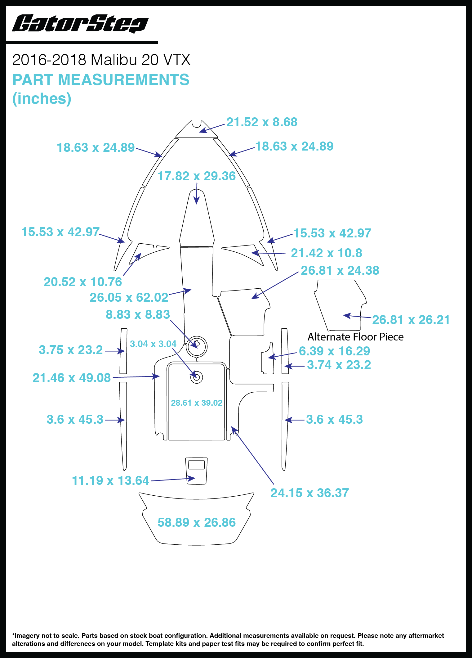 2016-2018 Malibu 20 VTX GatorStep Flooring Dimensions